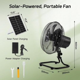 Rechargeable Floor Fan with 20W Solar Panel & 8000mAh Battery - Heavy-Duty All-Metal Body, Quiet Brushless Motor, Oscillating (90° Auto/60° Manual), Portable Cooling Fan for Outdoor Camping, Picnics, Parties