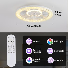 [Remote Control RGB Fan] Modern Low-Profile Ceiling Fan with RGB LED Lights - Remote Control 6-Speed Quiet Built-in Fan, Color-Changing RGB Lighting 3000K-6500K for Kids' Room, Bedroom, Living Room, Bedroom Airflow Solution, Integrated Lighting Fixture, Durable Light Combination