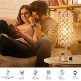 2 Golden Crystal Desk Lamps with Touch Dimmable Table Lights, USB-A+C and Single AC Two-Prong Plug, Suitable for Office, Living Room, Bedroom, with Bulb