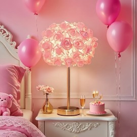 1-in-1 Rose Table Lamp with Dimmable RGB Color Changing (Pink Roses) - USB-Powered Plug-in Bulb, Metal Base & Glossy Dome Shade for Bedroom, Living Room, Weddings, Parties - Decorative Gift for &