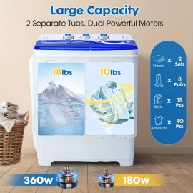 28lbs Capacity Portable Washing Machine Twin Tub - Compact Washer And Spinner Dryer Combo With Drain Pump - Semi Automatic Washing Machine For Apartments, Dorms, RVs, Camping
