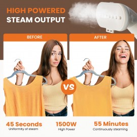 1500W Professional Garment Steamer Standing with Wheels - Heavy-Duty Clothes Steamer, 57.48oz Large Water Tank (55 Min Runtime), 45-Second Heat-Up, Wrinkle Remover for Dresses, Curtains, Bedding, -like Fabrics - Portable Standing Steamer
