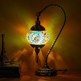 Turkish Mosaic Table Lamp, Moroccan Style Table Lamp with Metal Base 3 Colors Handmade Swan Neck Mosaic Glass Bedside Lamp for Bedroom and Living Room (LED Bulb Included)