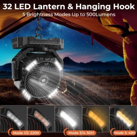 Portable Camping Fan with LED Lantern & Remote Control - 40000mAh Rechargeable Battery- USB Fan, Auto-Oscillating Oscillator, 4-Speed/4-Timer, Low Voltage (36V) for Outdoor, Power Outages, Hurricane Emergencies, Jobsite Cooling System