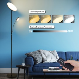 2-Way LED Floor Lamp with Remote & Touch Control, 27W/2300LM Main Light & 7W/350LM Reading Light, 4 Adjustable Color Temperatures (5000K-100% Brightness), Metal Standing Lamps for Home & Office