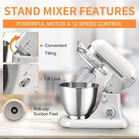 Geek Chef 4.8QT Stand Mixer 12 Speeds Tilt Head with Dough Hook Whisk Beater Bowl Rotary Knob for Home Kitchen