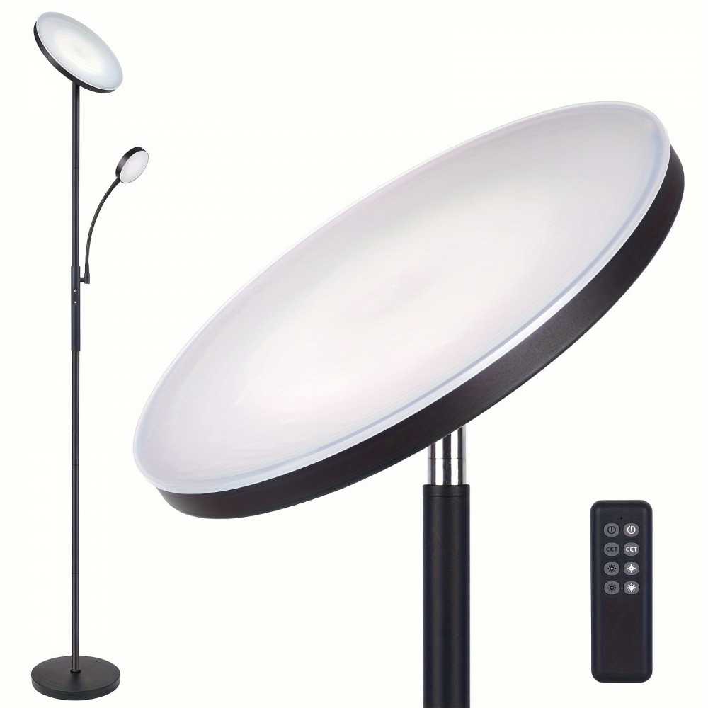 2-Way LED Floor Lamp with Remote & Touch Control, 27W/2300LM Main Light & 7W/350LM Reading Light, 4 Adjustable Color Temperatures (5000K-100% Brightness), Metal Standing Lamps for Home & Office